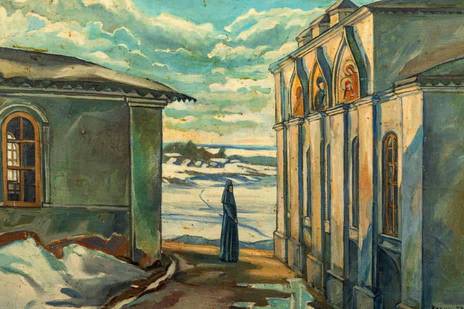 Картина "Великий Устюг", оформленная в раму, автор Виктор Васильевич Андреев (1963-2014 гг.), творческое объединение "Русь"