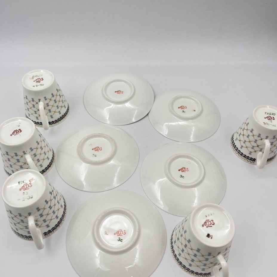 Набор кофейных пар "Золотая сетка" на 5 персон, фарфор, деколь, Ленинградский фарфоровый завод ("ЛФЗ"), 1975-1991 гг.