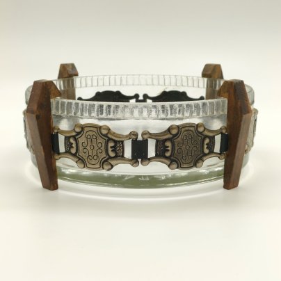 Конфетница (ваза) круглой формы на подставке с орнаментальным декором, стекло, металл, дерево, СССР, 1970-1990 гг.