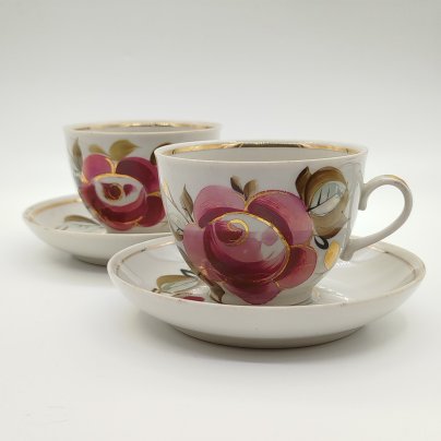 Набор из 2-х чайных пар, декорированных флористической росписью, фарфор, роспись, золочение, Кузяевский фарфоровый завод, СССР, 1963-1991 гг.