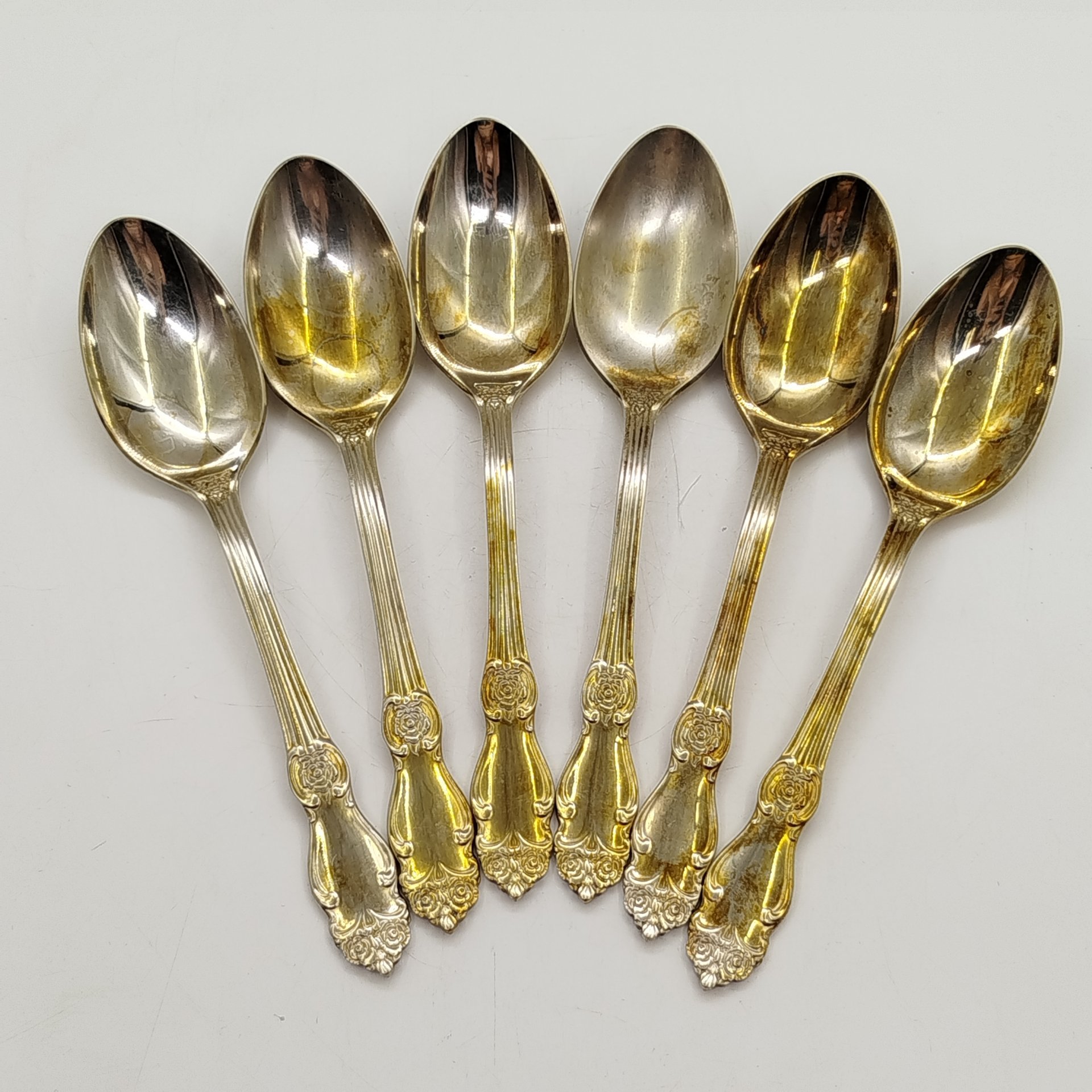 Набор из шести десертных ложек "Серебряная роза", мНЦ (медь-никель-цинк), Кольчугинский завод цветных металлов, СССР, 1970-1990 гг.