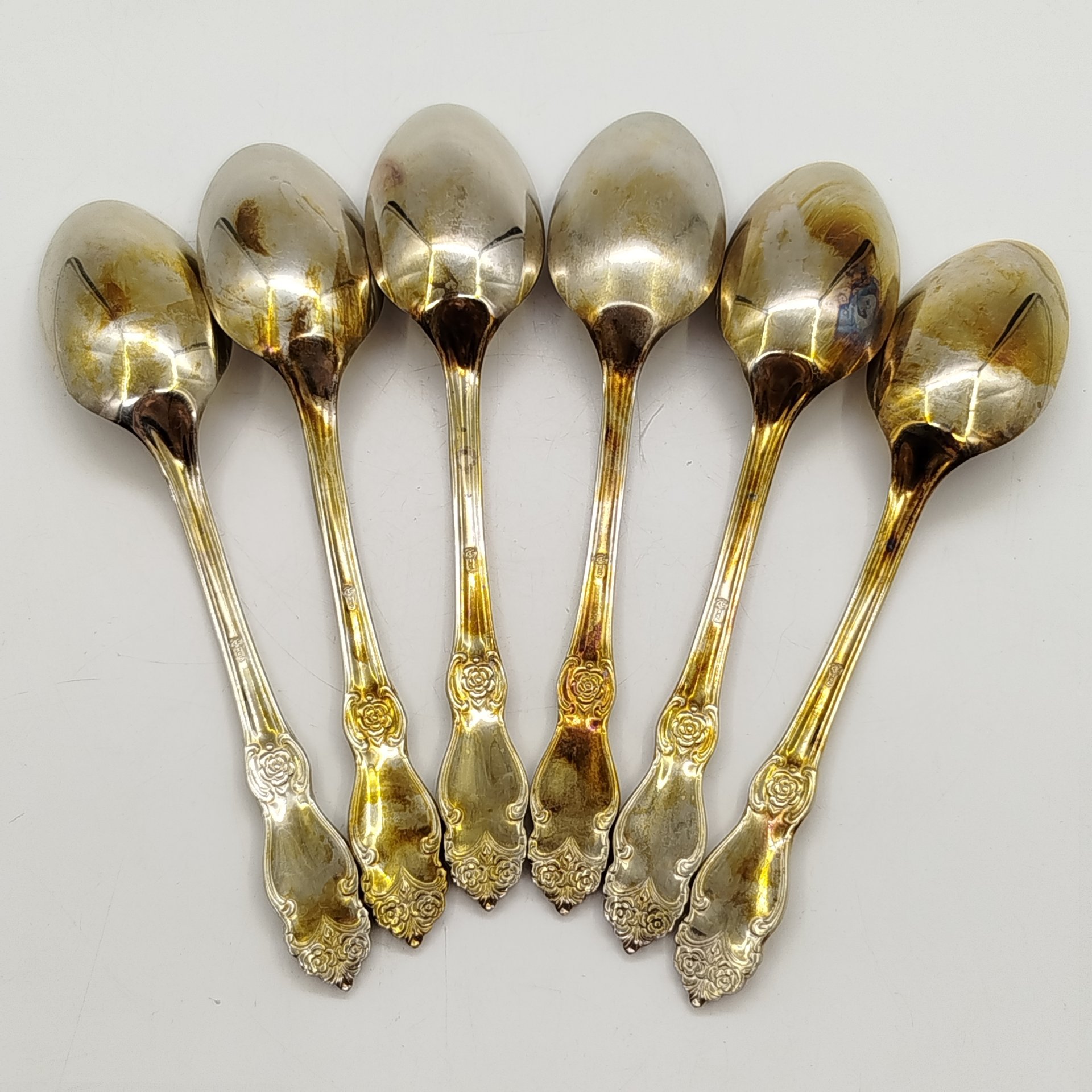 Набор из шести десертных ложек "Серебряная роза", мНЦ (медь-никель-цинк), Кольчугинский завод цветных металлов, СССР, 1970-1990 гг.