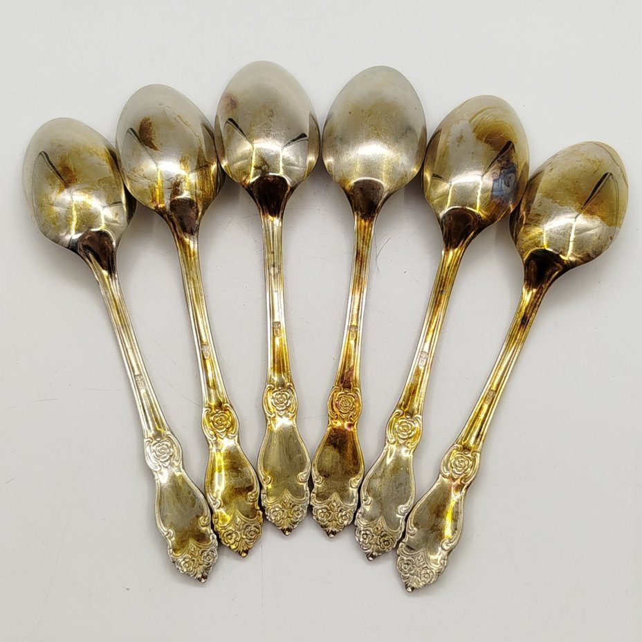 Набор из шести десертных ложек "Серебряная роза", мНЦ (медь-никель-цинк), Кольчугинский завод цветных металлов, СССР, 1970-1990 гг.