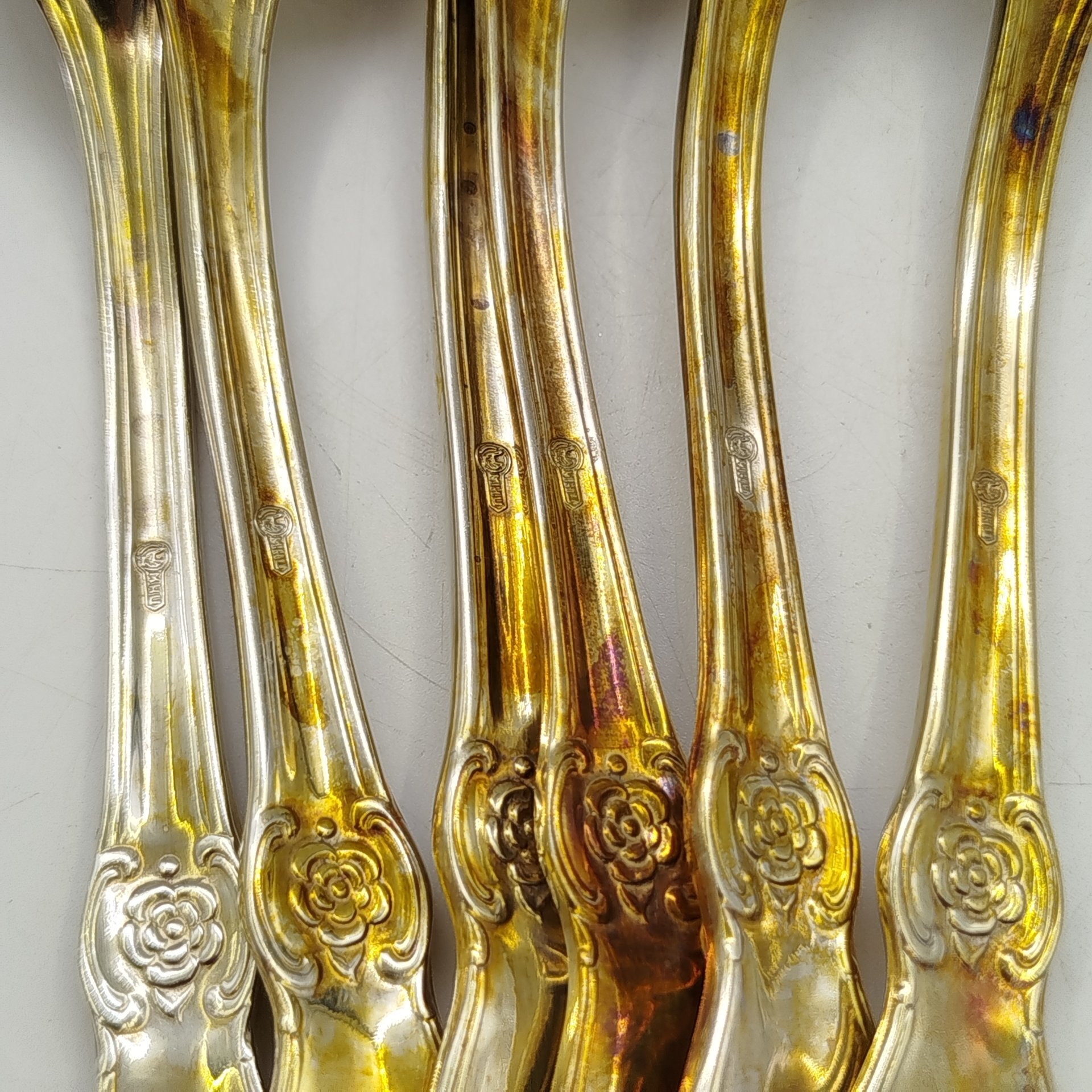 Набор из шести десертных ложек "Серебряная роза", мНЦ (медь-никель-цинк), Кольчугинский завод цветных металлов, СССР, 1970-1990 гг.