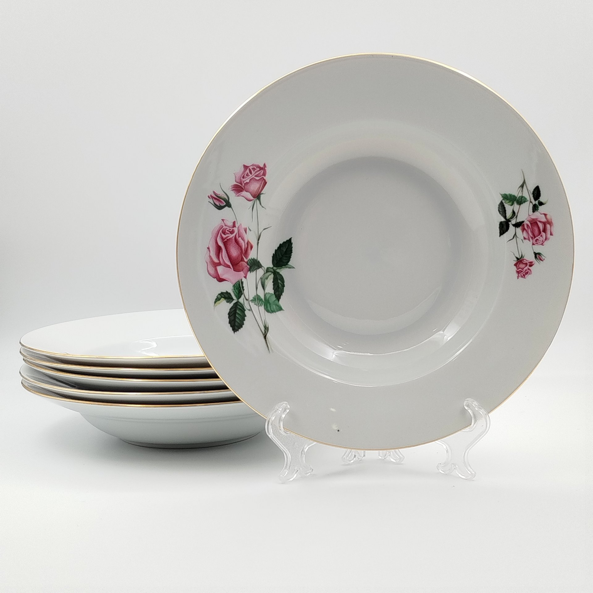 Набор суповых (глубоких) тарелок с цветочным декором на 6 персон, фарфор, деколь, золочение, Moritz Zdekauer (MZ), Чехословакия, 1970-1990 гг.