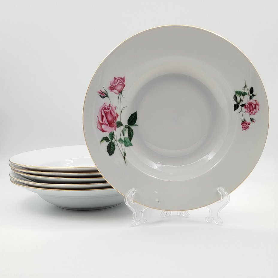 Набор суповых (глубоких) тарелок с цветочным декором на 6 персон, фарфор, деколь, золочение, Moritz Zdekauer (MZ), Чехословакия, 1970-1990 гг.