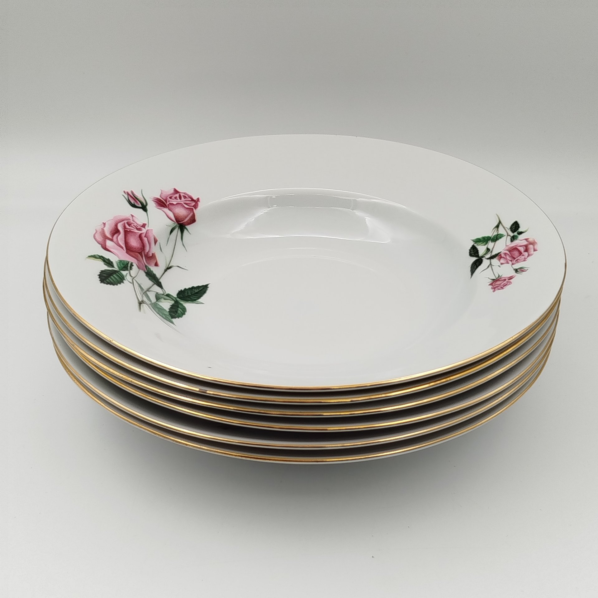 Набор суповых (глубоких) тарелок с цветочным декором на 6 персон, фарфор, деколь, золочение, Moritz Zdekauer (MZ), Чехословакия, 1970-1990 гг.