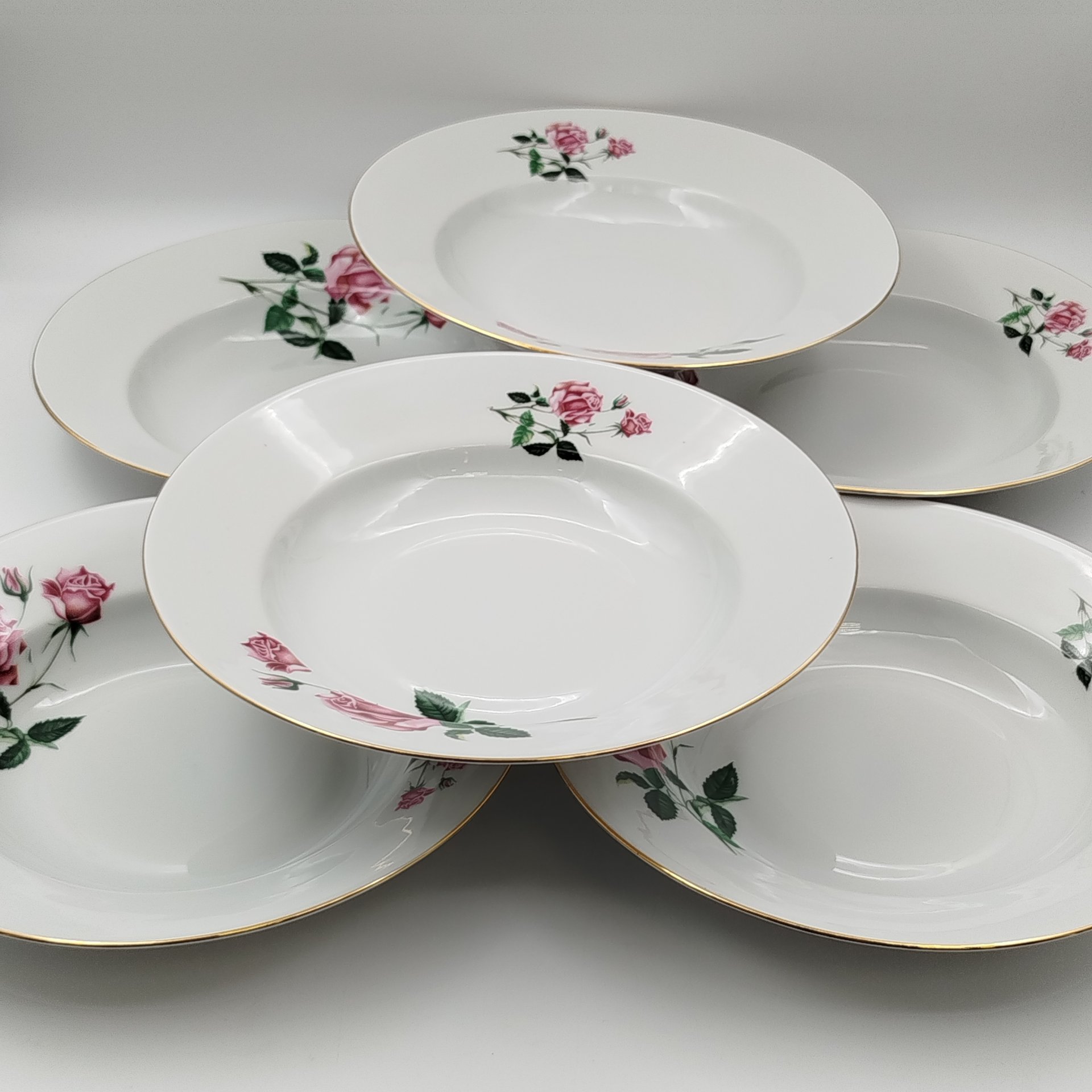 Набор суповых (глубоких) тарелок с цветочным декором на 6 персон, фарфор, деколь, золочение, Moritz Zdekauer (MZ), Чехословакия, 1970-1990 гг.
