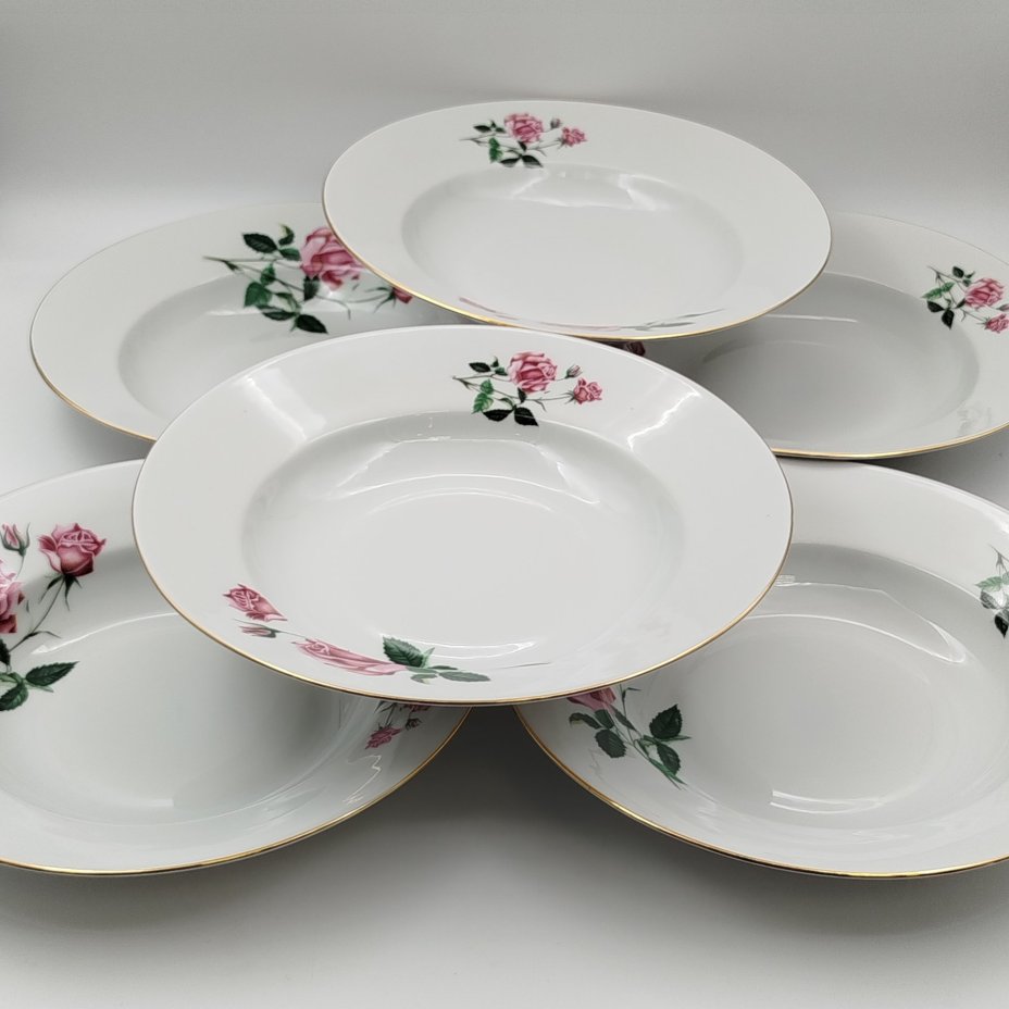 Набор суповых (глубоких) тарелок с цветочным декором на 6 персон, фарфор, деколь, золочение, Moritz Zdekauer (MZ), Чехословакия, 1970-1990 гг.