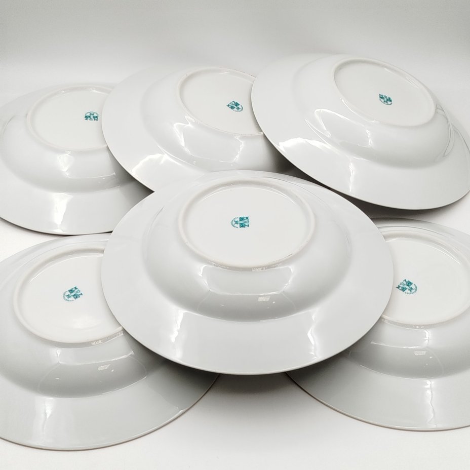 Набор суповых (глубоких) тарелок с цветочным декором на 6 персон, фарфор, деколь, золочение, Moritz Zdekauer (MZ), Чехословакия, 1970-1990 гг.