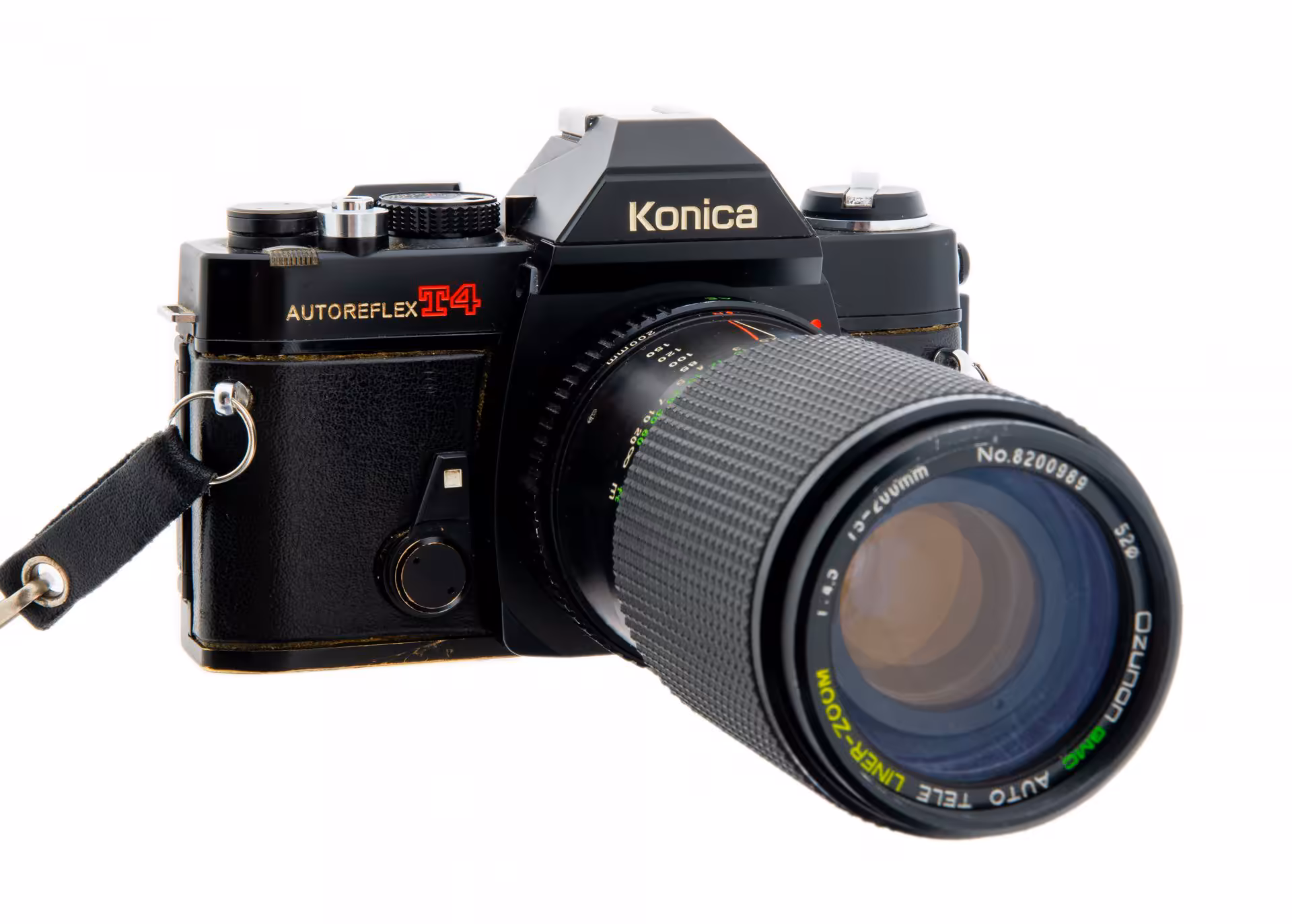 Фотоаппарат  пленочный "Konica Autoreflex T4" с объективом "Ozunon GMC Auto Tele Liner-Zoom 1:45 75-200 mm", металл, пластик, Япония,  1970-1980 гг., Konica