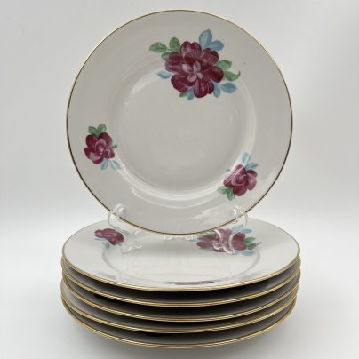Набор десертных тарелок с цветочным декором на 6 персон, фарфор, деколь, золочение, Дулевский фарфоровый завод (Дулёво), СССР, 1968-1991 гг.