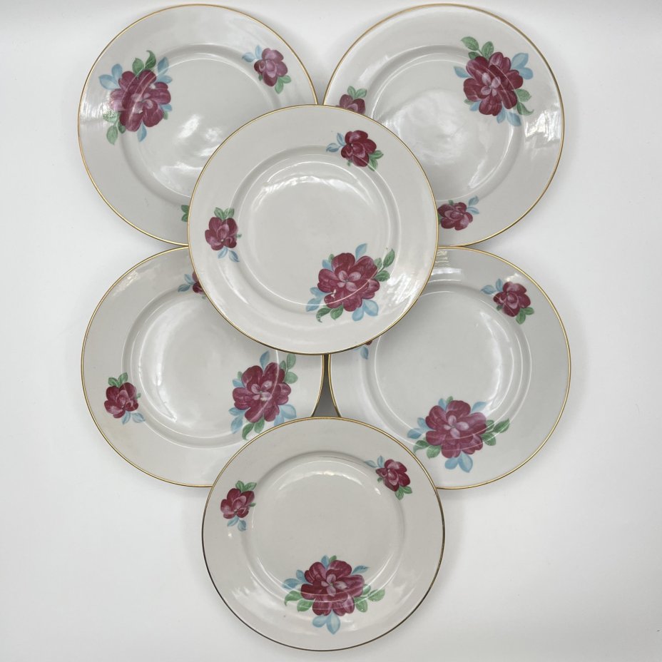 Набор десертных тарелок с цветочным декором на 6 персон, фарфор, деколь, золочение, Дулевский фарфоровый завод (Дулёво), СССР, 1968-1991 гг.