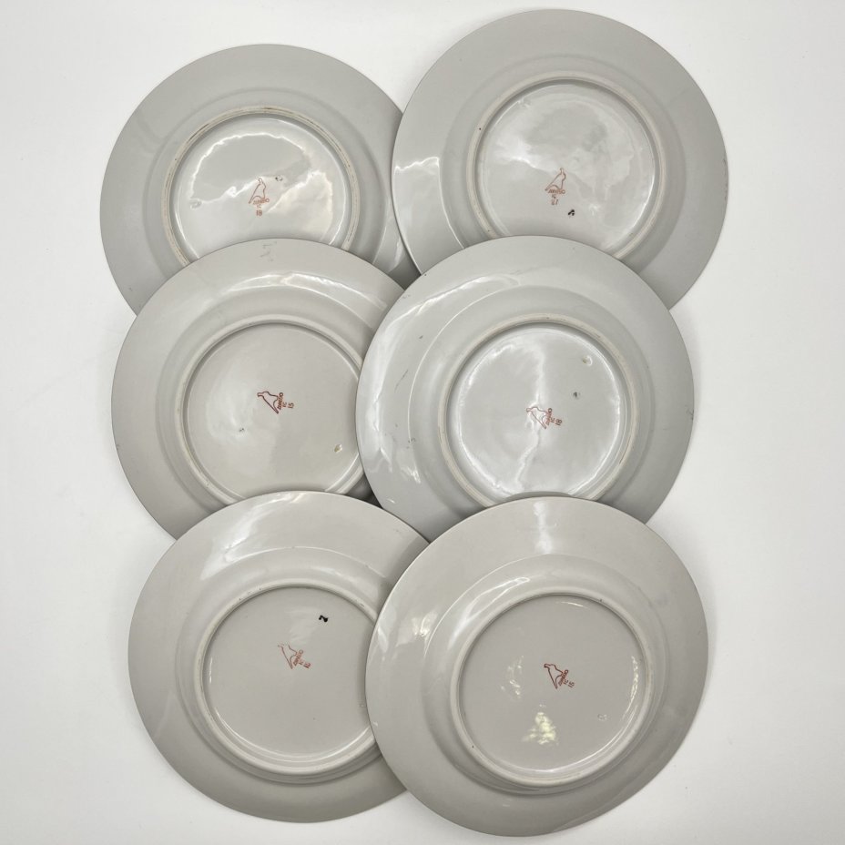 Набор десертных тарелок с цветочным декором на 6 персон, фарфор, деколь, золочение, Дулевский фарфоровый завод (Дулёво), СССР, 1968-1991 гг.