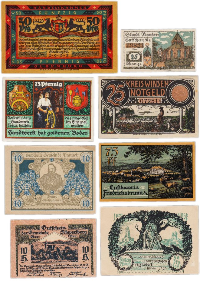 Германия (разные земли) набор из 8 нотгельдов 1920-1923