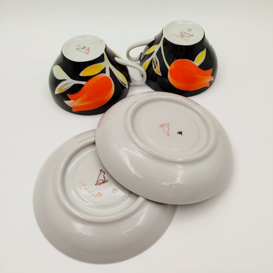 Набор из двух чайных пар "Тюльпан", фарфор, крытье, роспись, золочение, Дулевский фарфоровый завод (Дулёво), СССР, 1968-1991 гг.