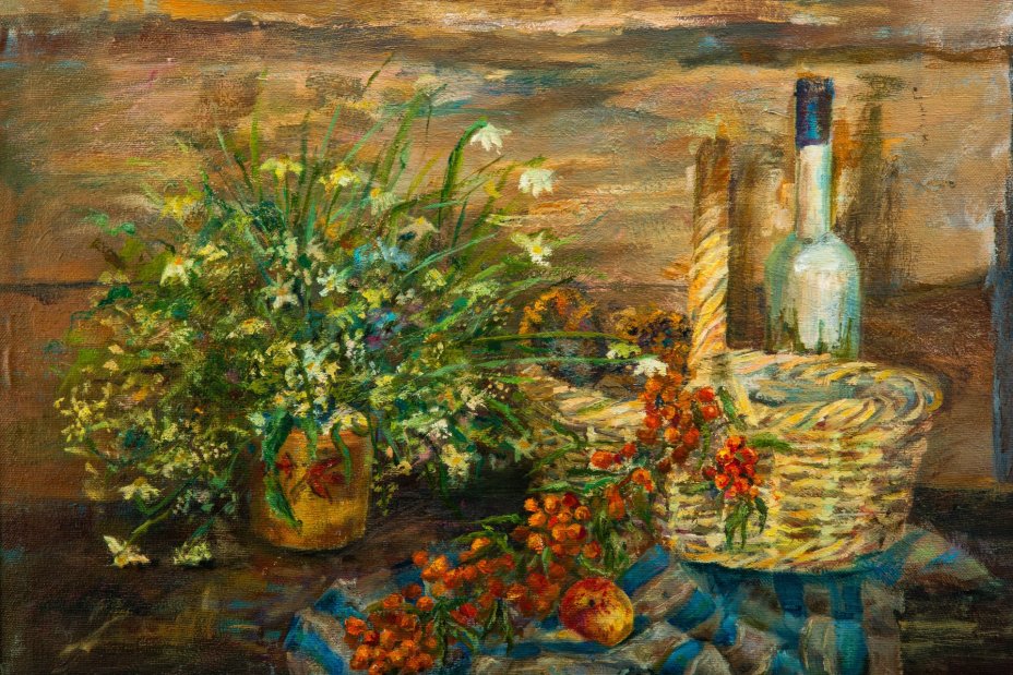 Картина "Натюрморт с рябиной, букетом и корзиной", автор М. Кежун