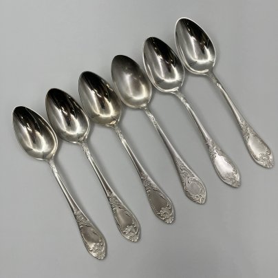 Набор ложек столовых с растительным декором на 6 персон, мНЦ (медь-никель-цинк), Вольнянский завод столовых приборов им. Шевченко (ЗiШ, ЗиШ), СССР, 1960-1990 гг.