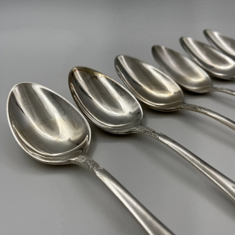 Набор ложек столовых с растительным декором на 6 персон, мНЦ (медь-никель-цинк), Вольнянский завод столовых приборов им. Шевченко (ЗiШ, ЗиШ), СССР, 1960-1990 гг.