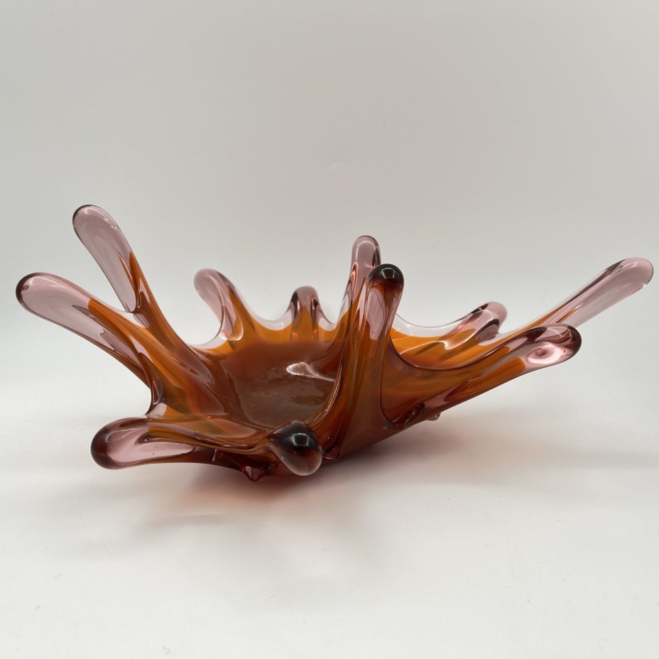 Ваза (конфетница) "Медуза" с оранжевым градиентом, цветное стекло, гутная техника, СССР, 1970-1990 гг.