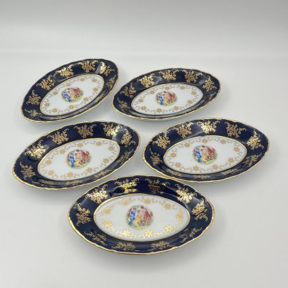 Набор розеток овальной формы из сервиза "Мадонна" на 5 персон с кантом кобальтового цвета, фарфор, крытье, деколь, золочение, Moritz Zdekauer (MZ), Чехия, 1991-2010 гг.