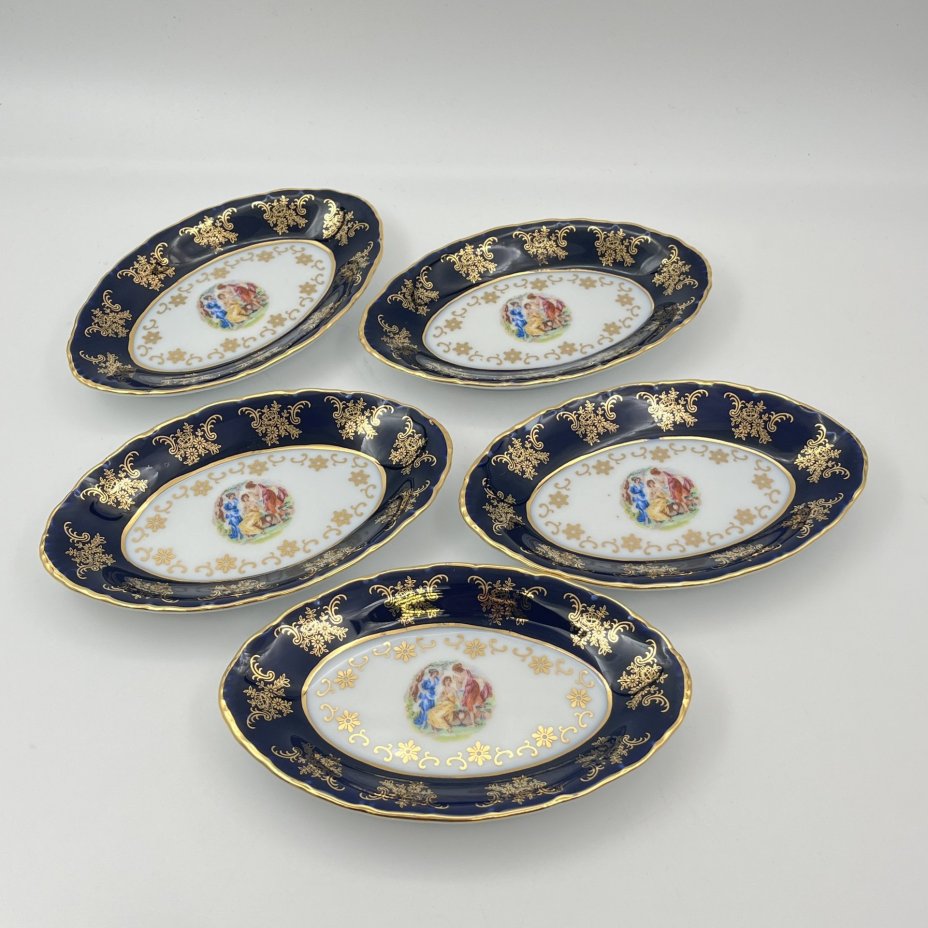 Набор розеток овальной формы из сервиза "Мадонна" на 5 персон с кантом кобальтового цвета, фарфор, крытье, деколь, золочение, Moritz Zdekauer (MZ), Чехия, 1991-2010 гг.