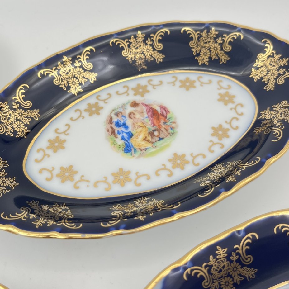 Набор розеток овальной формы из сервиза "Мадонна" на 5 персон с кантом кобальтового цвета, фарфор, крытье, деколь, золочение, Moritz Zdekauer (MZ), Чехия, 1991-2010 гг.