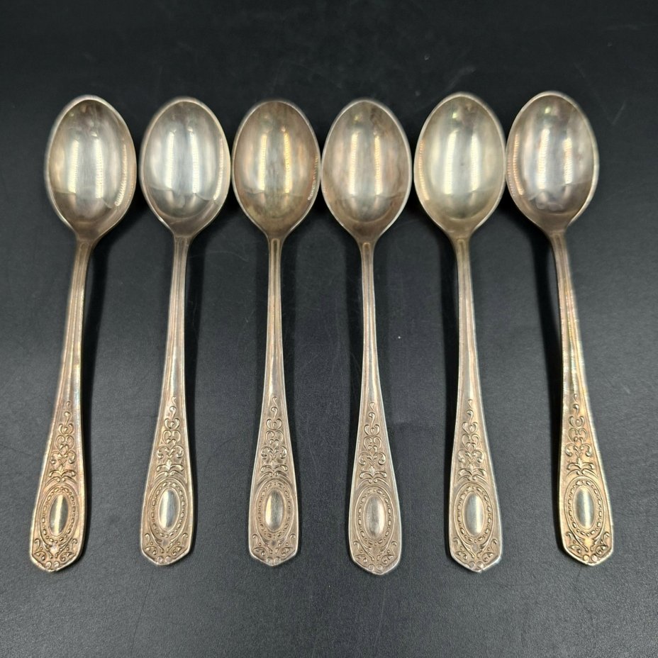 Набор из шести чайных ложек с растительным декором, мНЦ (медь-никель-цинк), Кольчугинский завод цветных металлов, СССР, 1960-1990 гг.