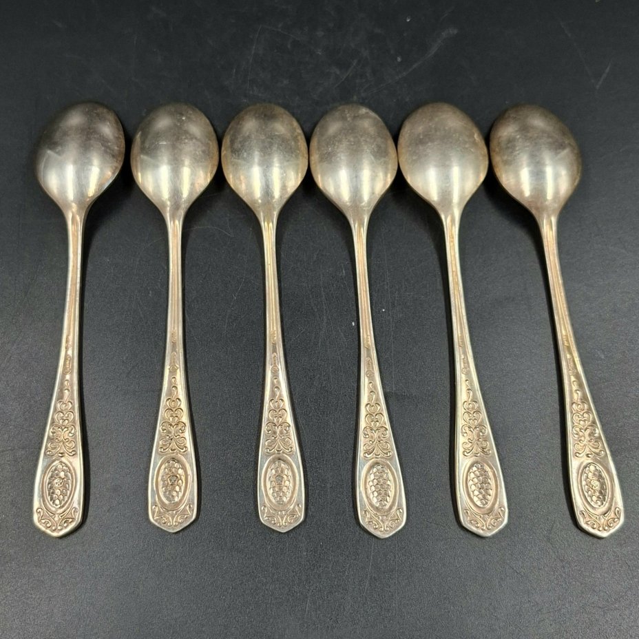 Набор из шести чайных ложек с растительным декором, мНЦ (медь-никель-цинк), Кольчугинский завод цветных металлов, СССР, 1960-1990 гг.