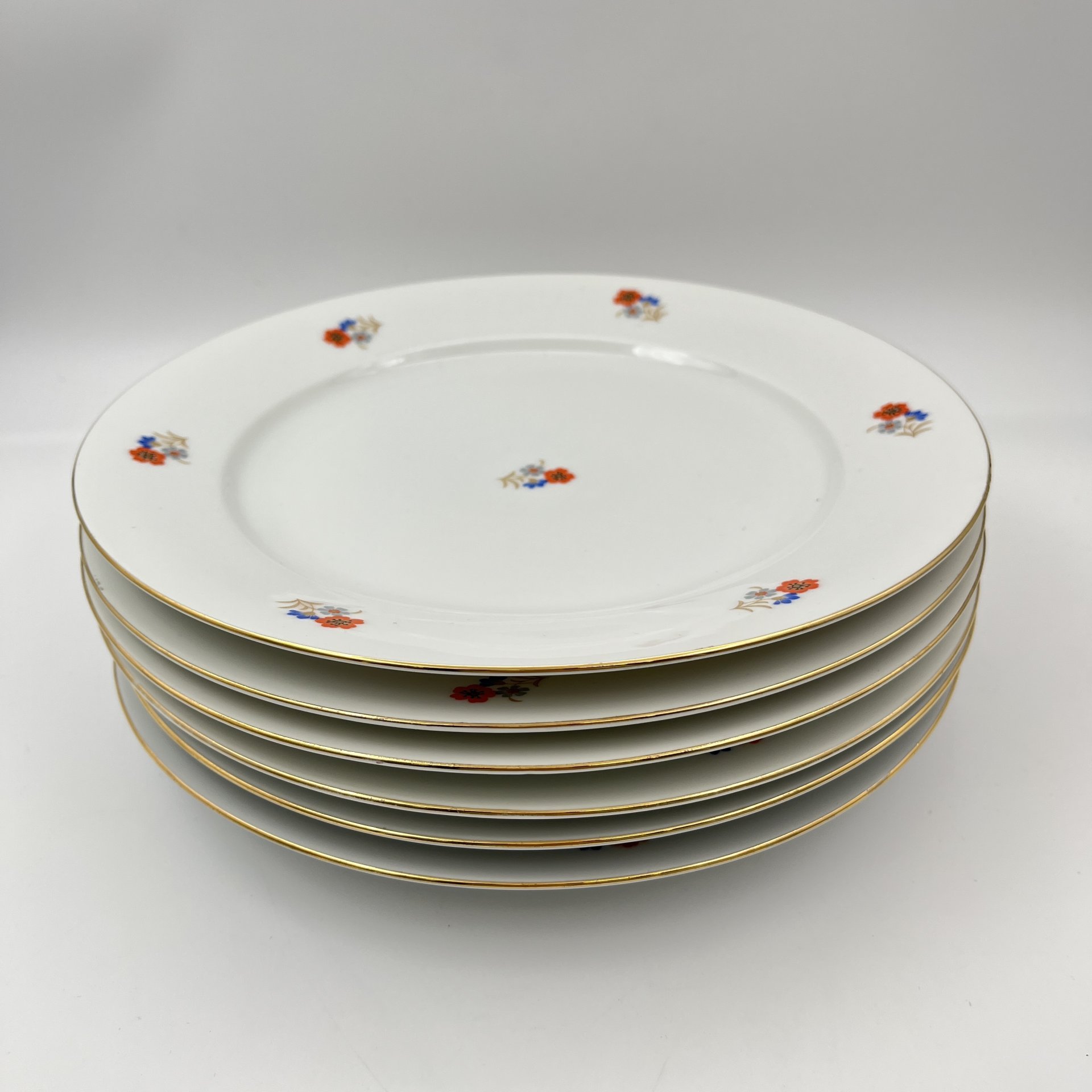 Набор обеденных тарелок с цветочным декором на 6 персон, фарфор, деколь, золочение, Bavaria Porzellan, Германия, 1950-1980 гг.