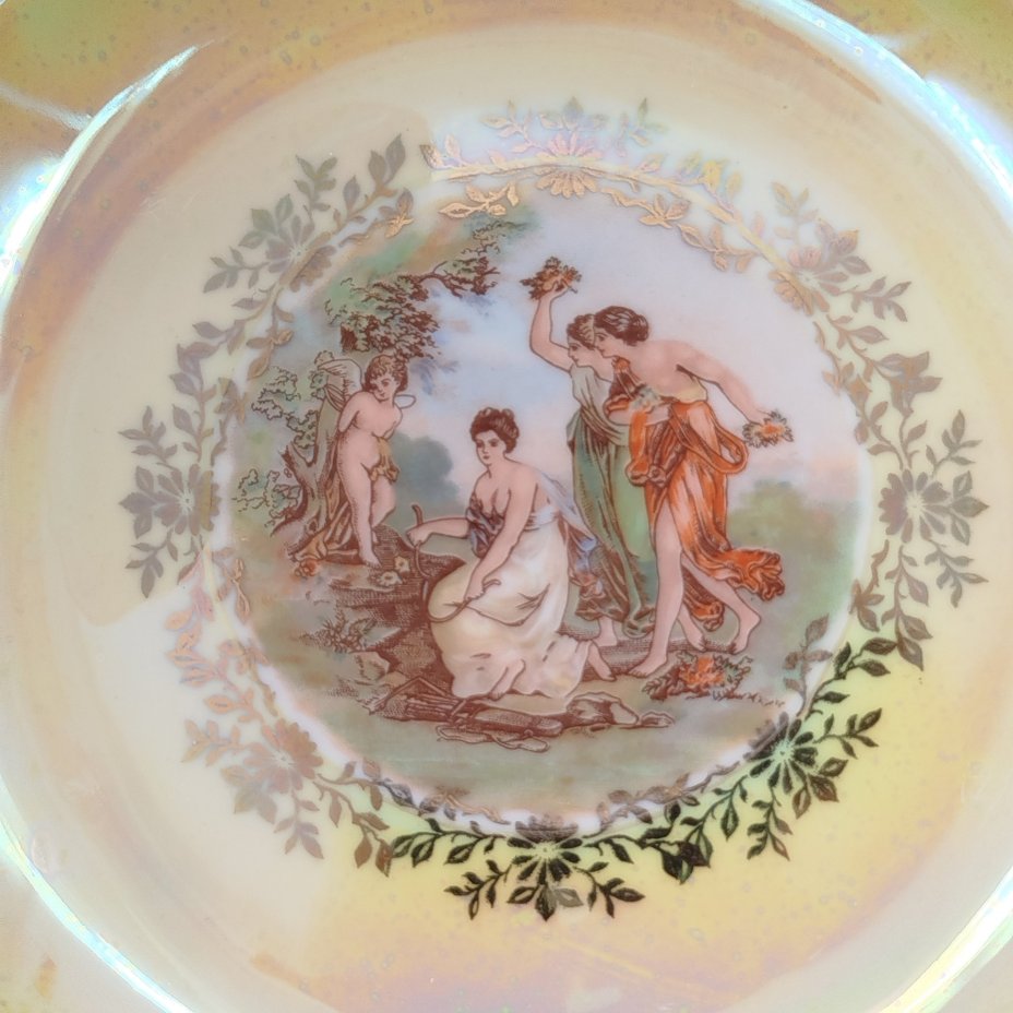 Набор суповых тарелок из сервиза "Мадонна" на 6 персон, фарфор, деколь, люстр, золочение, Fortuna Eisenberg, Германия, 1960-1973 гг.