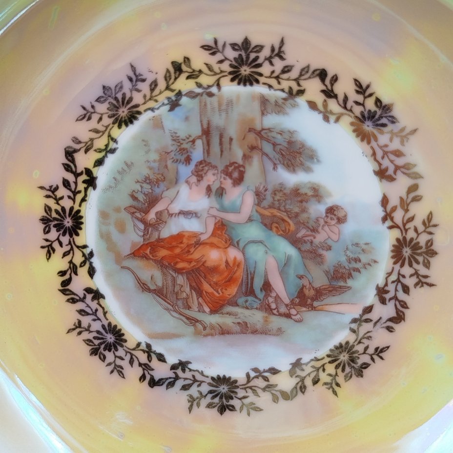 Набор суповых тарелок из сервиза "Мадонна" на 6 персон, фарфор, деколь, люстр, золочение, Fortuna Eisenberg, Германия, 1960-1973 гг.