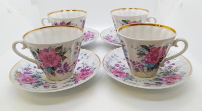 Набор из четырёх чайных пар с цветочным декором, форма "Лучистая", Ленинградский фарфоровый завод (ЛФЗ)