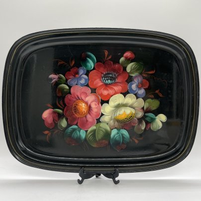 Поднос прямоугольной формы с цветочным декором, металл, лак, роспись, золочение, Жостовская фабрика декоративной росписи, СССР, 1970-1990 гг.