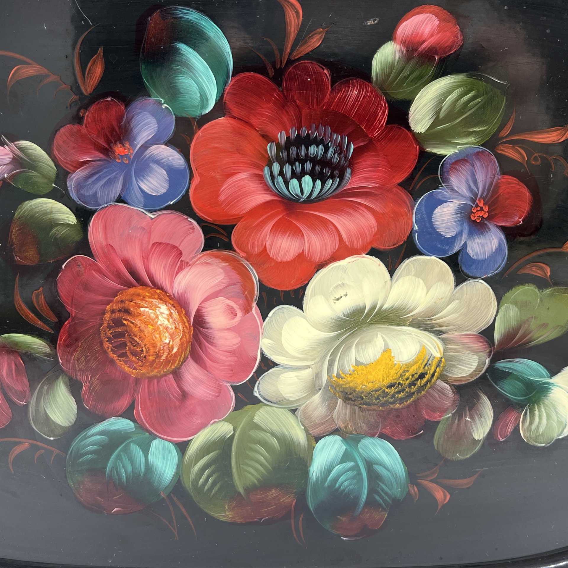 Поднос прямоугольной формы с цветочным декором, металл, лак, роспись, золочение, Жостовская фабрика декоративной росписи, СССР, 1970-1990 гг.