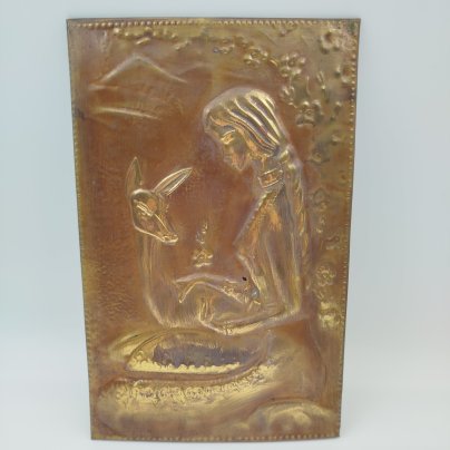 Панно настенное "Девушка с оленем", Отрадненская фабрика камнерезных изделий, металл, чеканка, СССР, 1975-1990 гг.
