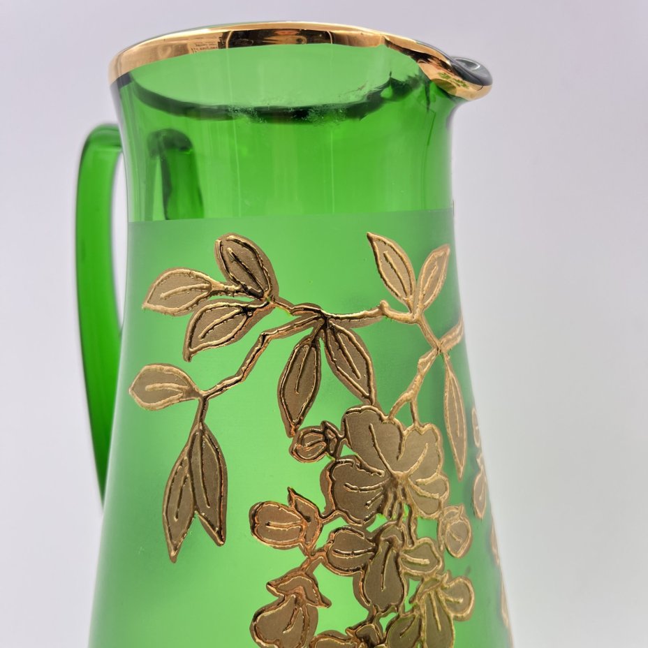 Набор для прохладительных напитков с цветочным декором (кувшин и 6 стаканов), цветное стекло, матирование, золочение, Bohemia Crystal (Bohemia Glass), Чехословакия, 1960-1980 гг.