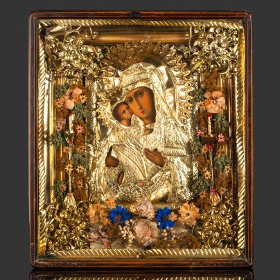 Икона в киоте  "Богоматерь Владимирская", дерево, масло, фольга, ткань, бумага, Российская империя, 1900-1915 гг.