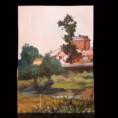 Картина "Пейзаж с рекой и домами", автор Юрий Рыполовский, картон, масло