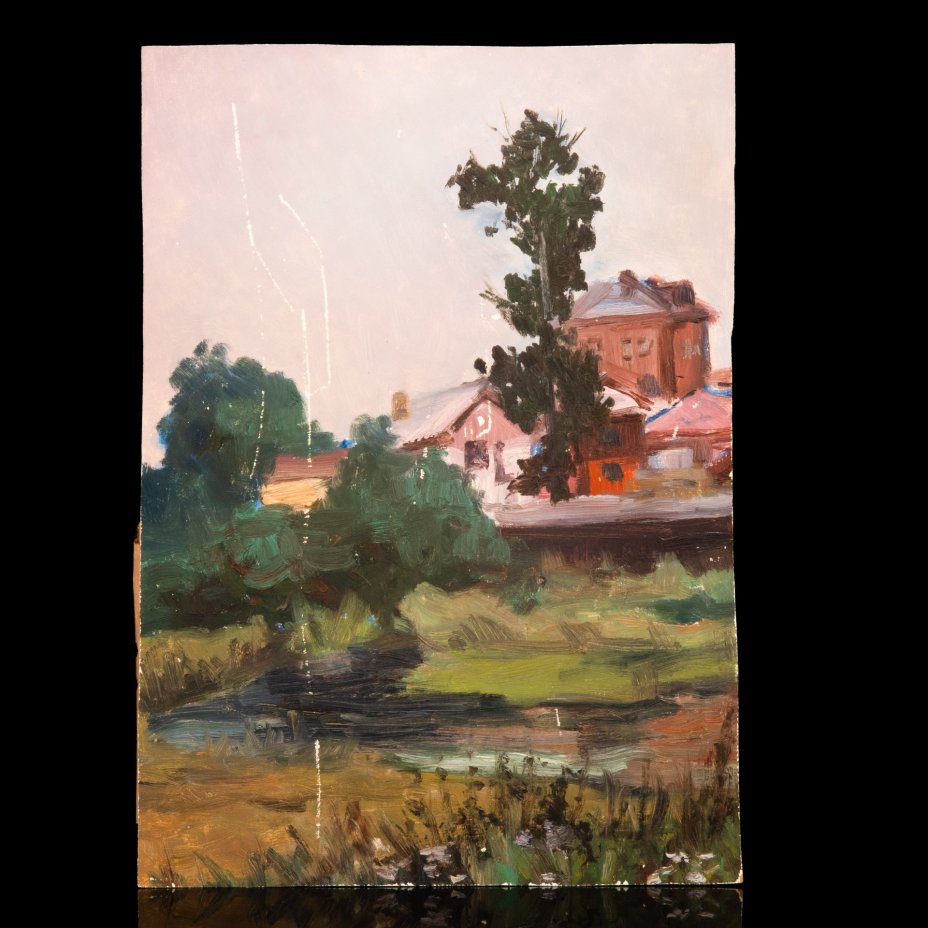 Картина "Пейзаж с рекой и домами", автор Юрий Рыполовский, картон, масло