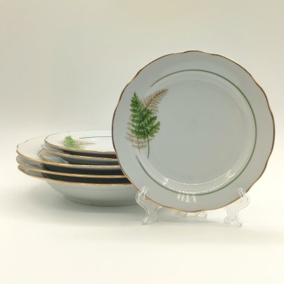 Набор из 4-х десертных и 3-х суповых тарелок "Папоротники", фасон "Гранёный", фарфор, деколь, золочение, Дулевский фарфоровый завод (Дулёво), Россия, 2006 г.