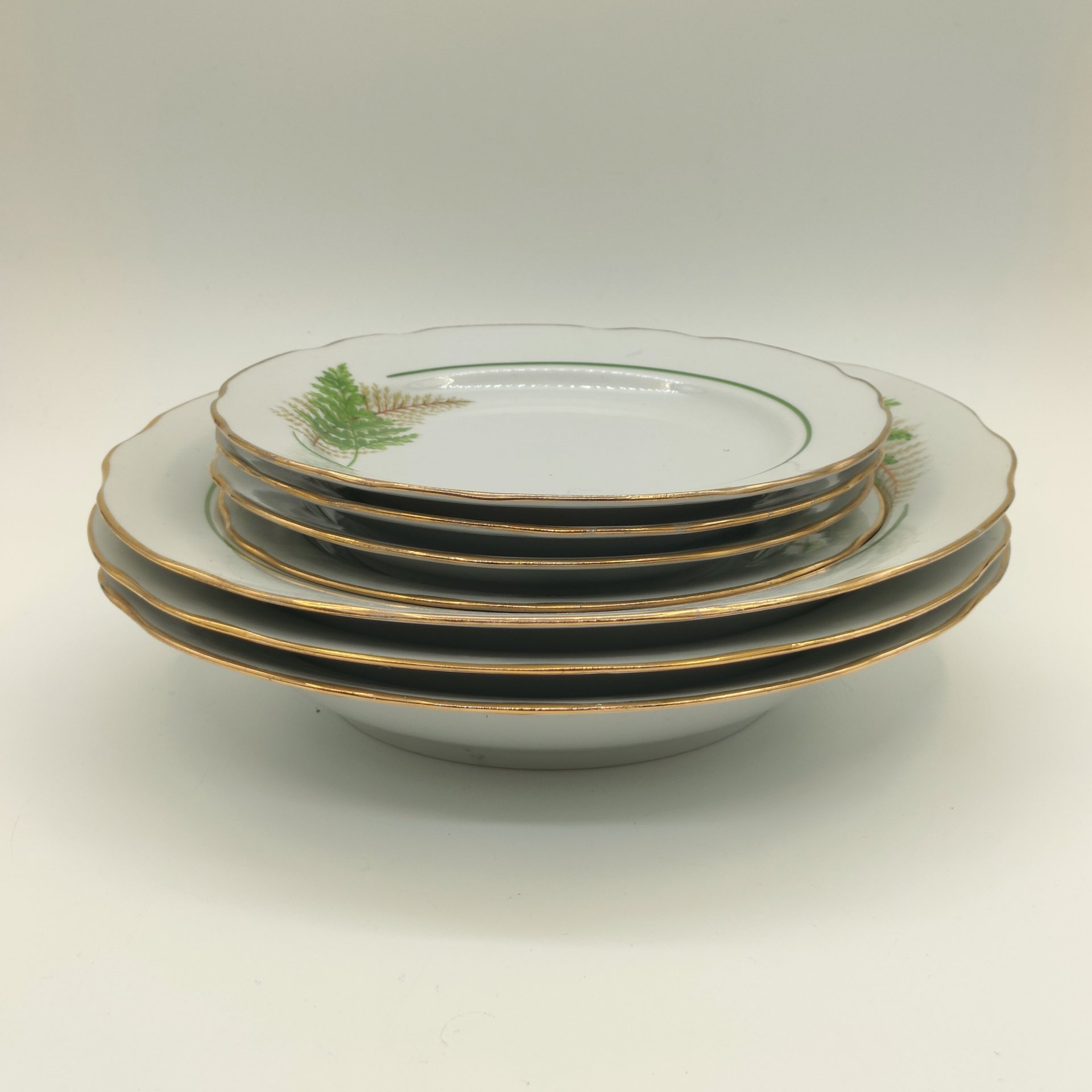 Набор из 4-х десертных и 3-х суповых тарелок "Папоротники", фасон "Гранёный", фарфор, деколь, золочение, Дулевский фарфоровый завод (Дулёво), Россия, 2006 г.