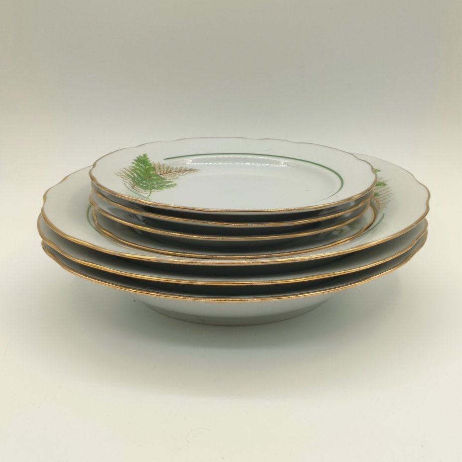 Набор из 4-х десертных и 3-х суповых тарелок "Папоротники", фасон "Гранёный", фарфор, деколь, золочение, Дулевский фарфоровый завод (Дулёво), Россия, 2006 г.