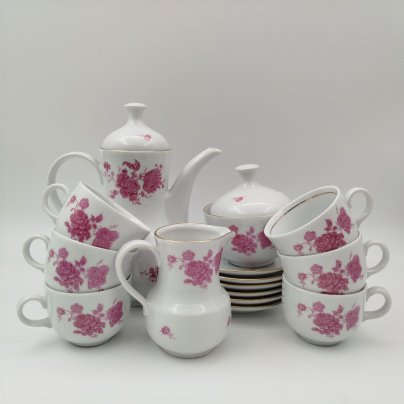 Сервиз кофейный на 6 персон, украшенный цветочным декором (15 предметов), фарфор, деколь, золочение, Kahla, ГДР, 1968-1987 гг.