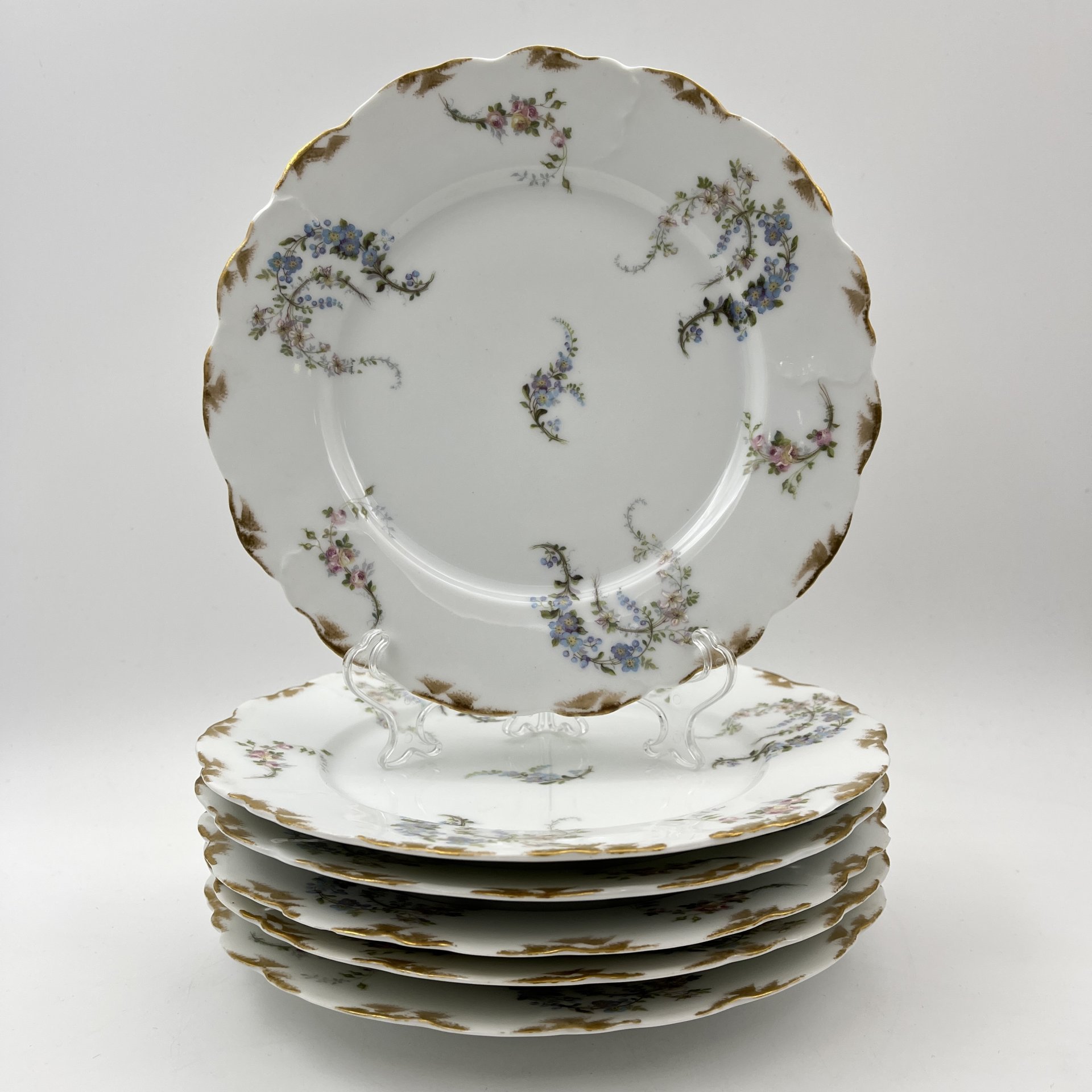 Набор десертных тарелок с цветочным декором на 6 персон, фарфор, деколь с подрисовкой, золочение, Limoges, Франция, 1900-1920 гг.