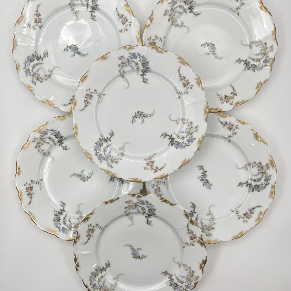 Набор десертных тарелок с цветочным декором на 6 персон, фарфор, деколь с подрисовкой, золочение, Limoges, Франция, 1900-1920 гг.