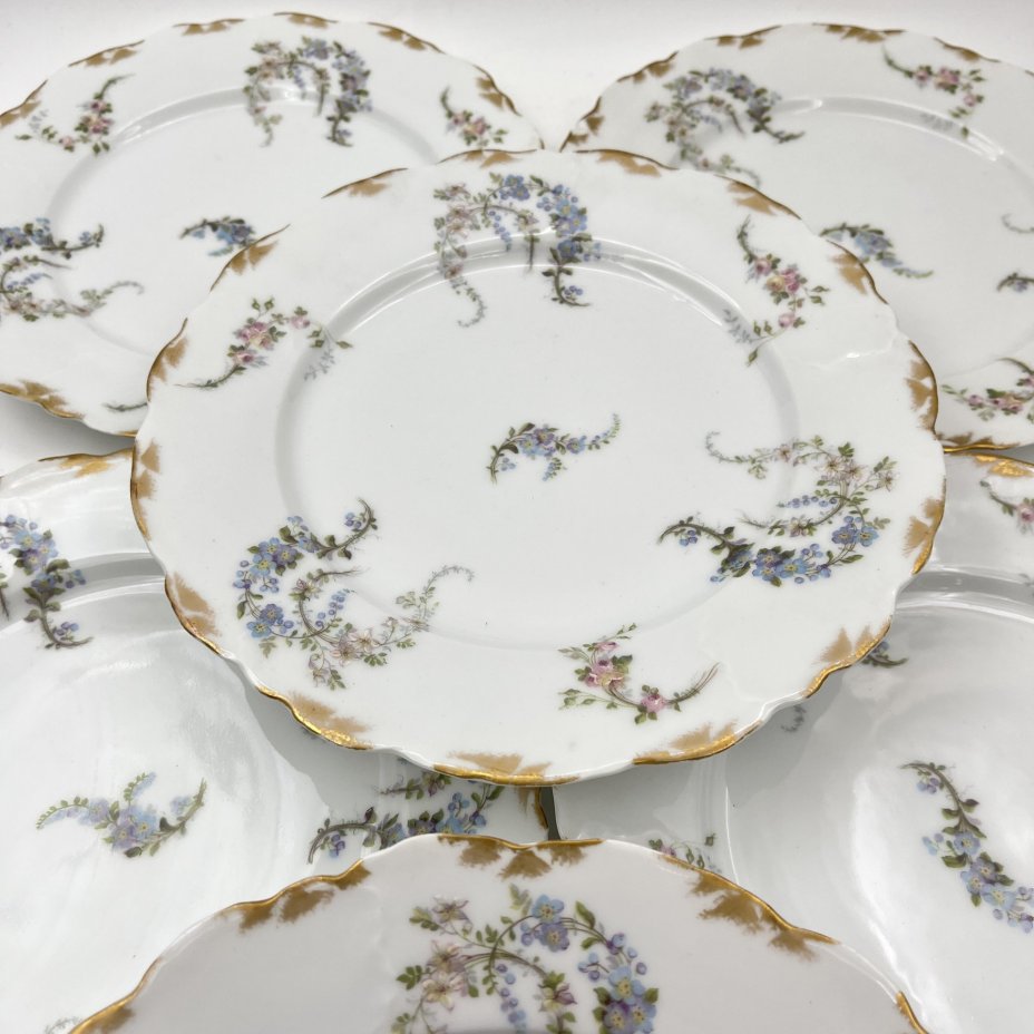 Набор десертных тарелок с цветочным декором на 6 персон, фарфор, деколь с подрисовкой, золочение, Limoges, Франция, 1900-1920 гг.