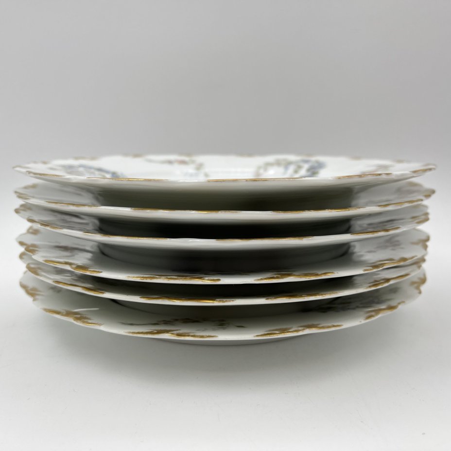 Набор десертных тарелок с цветочным декором на 6 персон, фарфор, деколь с подрисовкой, золочение, Limoges, Франция, 1900-1920 гг.