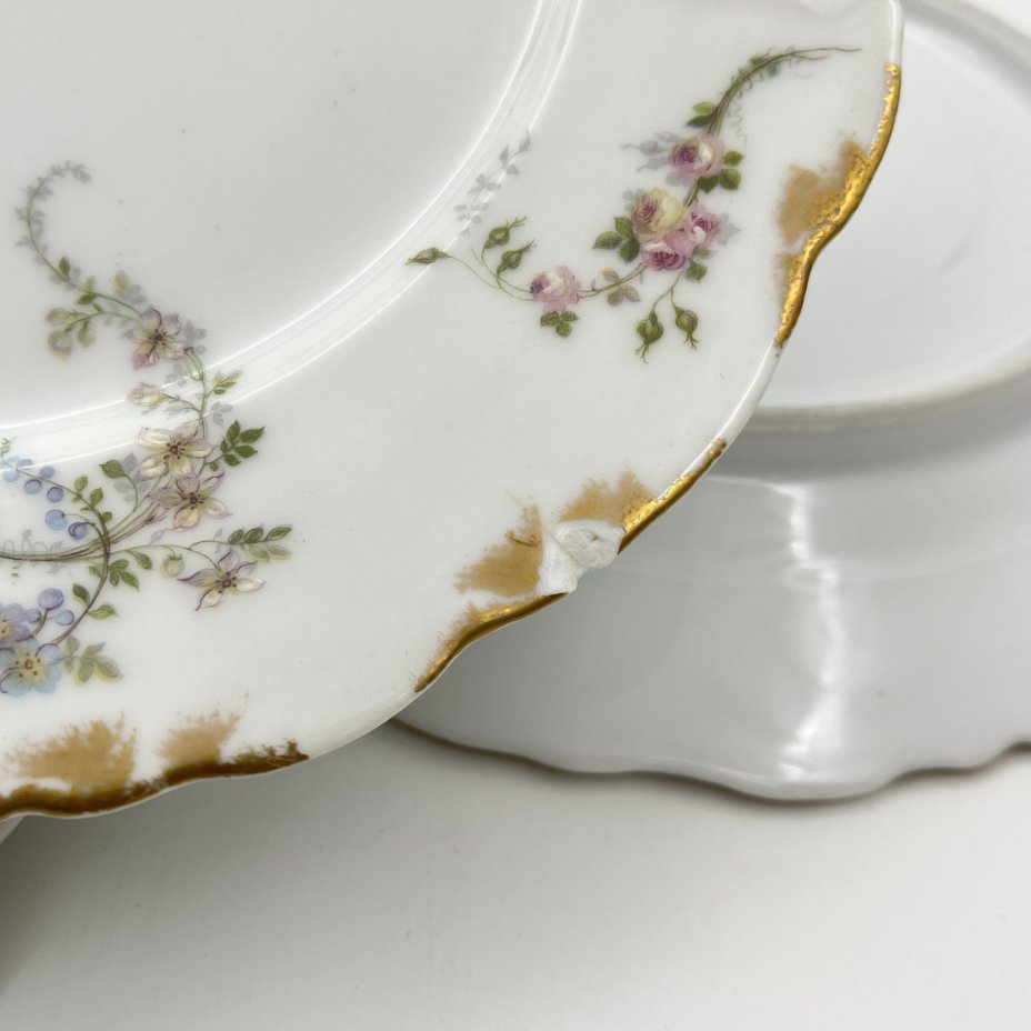 Набор десертных тарелок с цветочным декором на 6 персон, фарфор, деколь с подрисовкой, золочение, Limoges, Франция, 1900-1920 гг.