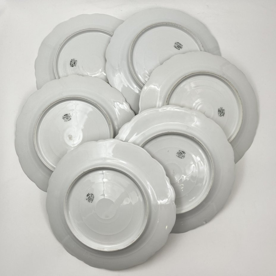 Набор десертных тарелок с цветочным декором на 6 персон, фарфор, деколь с подрисовкой, золочение, Limoges, Франция, 1900-1920 гг.